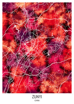 Zunyi City Downtown Street Map, downtown printable Landmarks, print city painting, travel art, city banner, modern city, urban city art, background abstract city