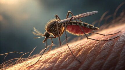 Intimate close-up of a mosquito feeding, showcasing nature's intricate details against a soft, glowing background