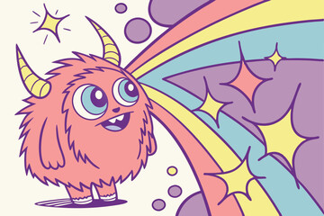   Cute furry monster, vibrant splashing colors, big blue eyes, friendly smile, colorful explosion, digital art, fantasy creature, psychedelic background, playful character, dynamic composition, neon 