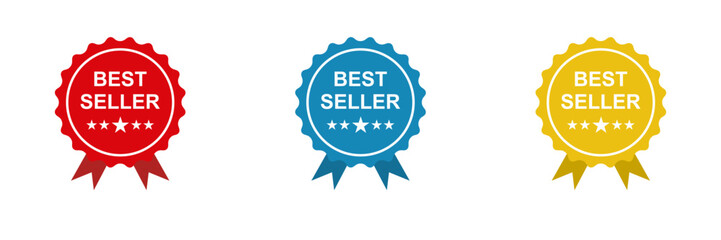 best seller badge, icon vector illustration of a set of red and blue, golden yellow color
