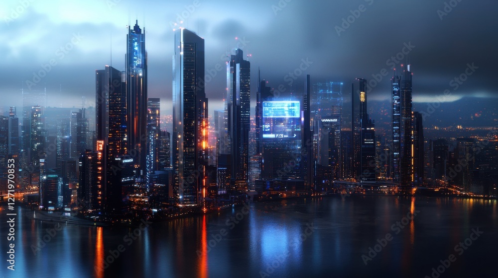 Poster a city skyline with a large building in the middle with a large sign on it