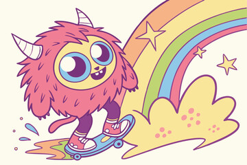 Fototapeta premium Cute furry monster, vibrant splashing colors, big blue eyes, friendly smile, colorful explosion, digital art, fantasy creature, psychedelic background, playful character, dynamic composition, neon 