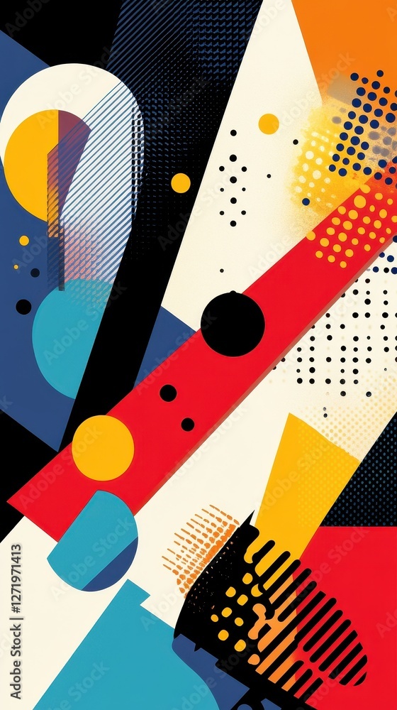 Poster geometric composition featuring circles squares lines and varied textures