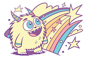 Fototapeta premium Cute furry monster, vibrant splashing colors, big blue eyes, friendly smile, colorful explosion, digital art, fantasy creature, psychedelic background, playful character, dynamic composition, neon 