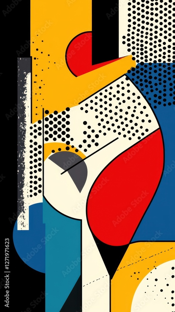 Poster abstract composition features geometric shapes in primary colors and dots