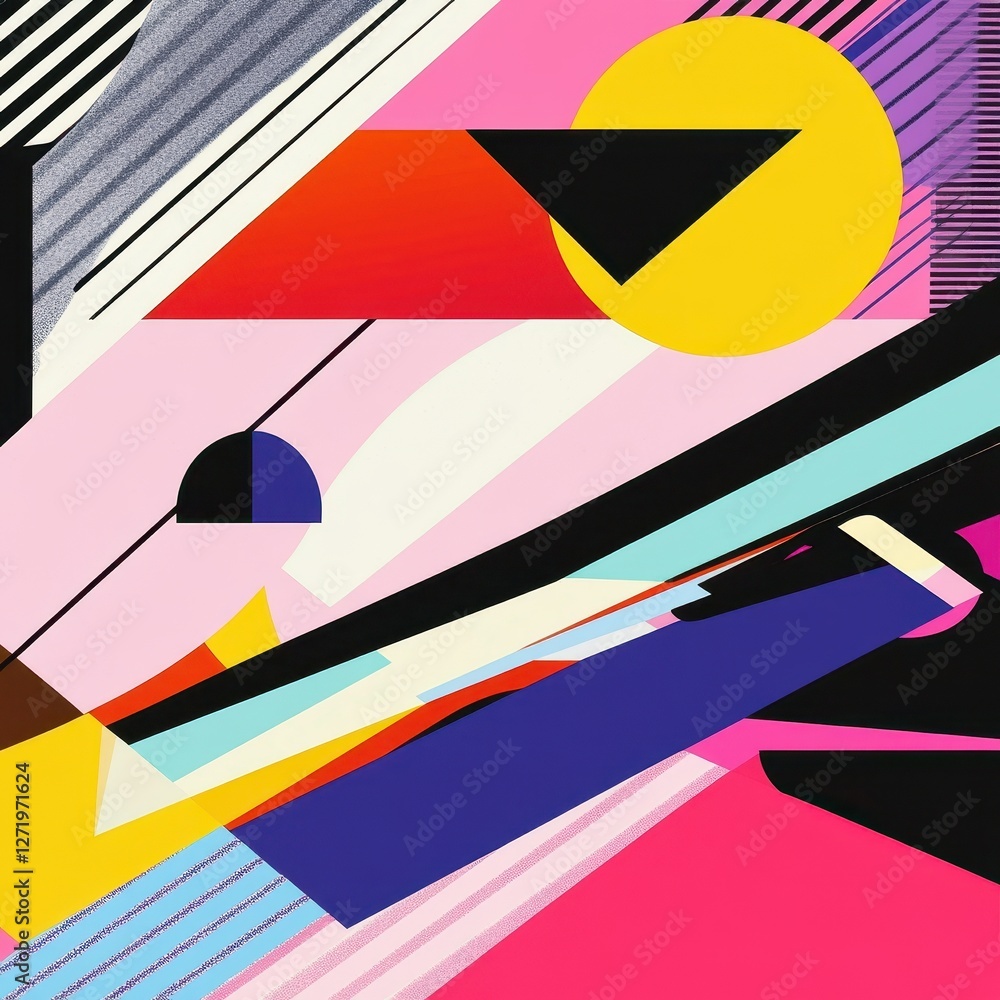 Poster abstract geometric composition featuring vibrant colors and dynamic forms