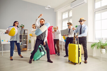 Business team with suitcases and inflatable rings is preparing for a summer vacation, excitement of the office preparing for a holiday at the beach, symbolizing relaxation and fun in the sun.