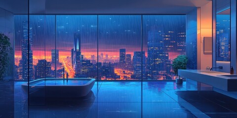 Luxurious modern bathroom with panoramic city view during rainfall