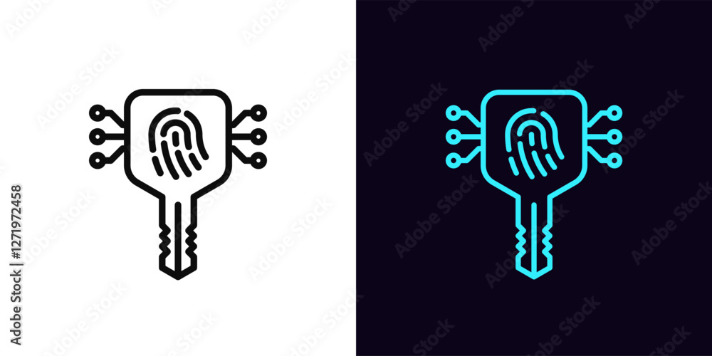 Poster outline biometric key icon, with editable stroke. digital key with fingerprint scan, private access 