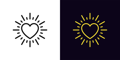 Outline sunny heart icon, with editable stroke. Sun heart shine with rays, sunshine love. Heart warmth beams, rays burst, love sunburst, warm happy feeling, love flash, amour beams. Vector icon