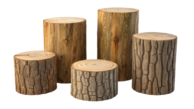 Four Wooden Logs Composition Isolated on Transparent Background, 3D Render, Natural Texture, log, wood, texture