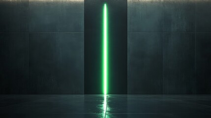 A green light shines vertically from the dark concrete floor