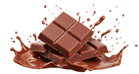 Fototapeta premium Delicious chocolate bar pieces falling into chocolate splash, cut out 