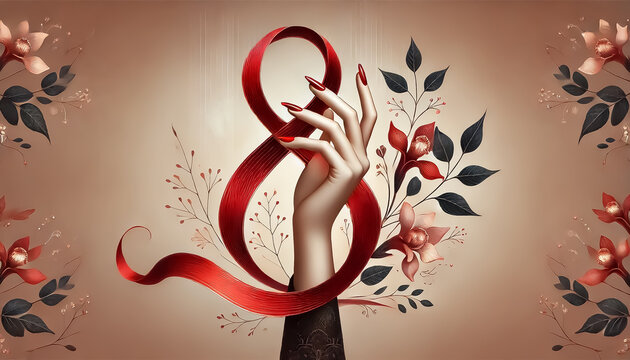 An elegant woman's hand with red painted nails is gently raised in a balanced gesture