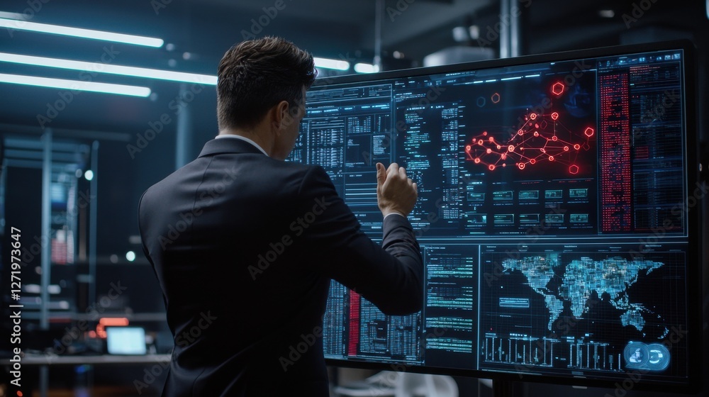 Fototapete A man in a suit is pointing at a computer monitor displaying a map of the world