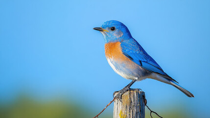 Fototapeta premium bluebird perched on fence post against bright blue sky, showcasing its vibrant colors and serene presence