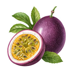 Passion Fruit Illustration Watercolor Style, Whole and Halved, Isolated on Transparent Background, Passion fruit, watercolor, illustration