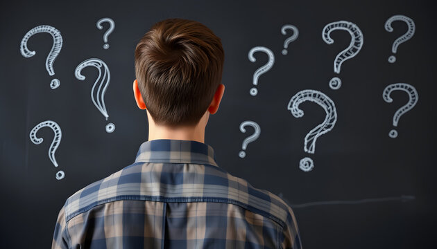 Back view of thoughtful young european male with chalk drawn question marks on blackboard background. Solution, education and knowledge concept, graphic novel art. with white shades