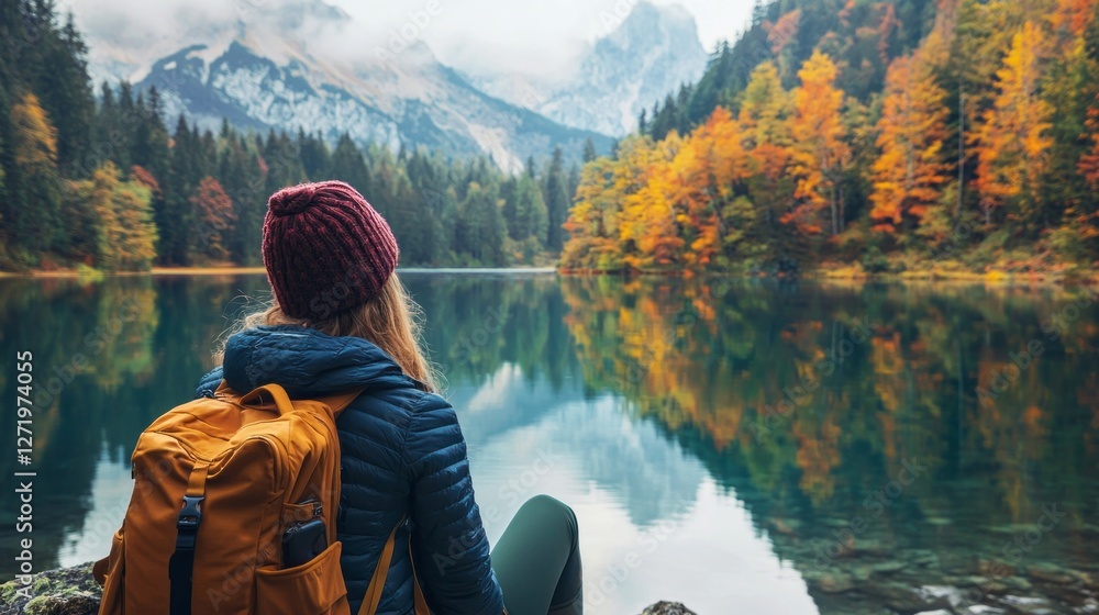 Poster serenity envelops a person sitting by a pristine lake, framed by striking autumn trees and towering 