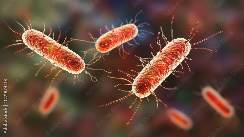 Poster microscopic view of bacteria: rod-shaped microorganisms in 3d render