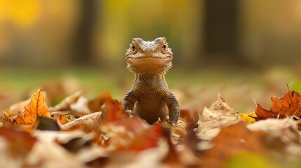 Obraz premium Autumnal Lizard Portrait: A Tiny Reptile Among Vibrant Fall Leaves