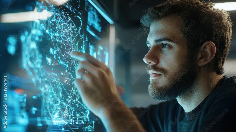Poster A man is looking at a computer screen with a blue screen