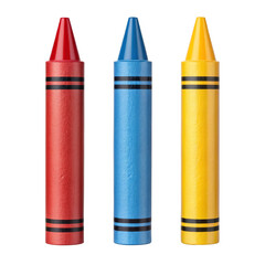 Three Crayons, Red Blue Yellow, 3D Render, Isolated on Transparent Background, Art Supplies, Crayon, Color, Back to School