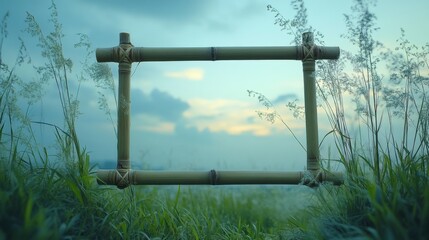 Fototapeta premium Bamboo frame stands among tall green grasses against sky