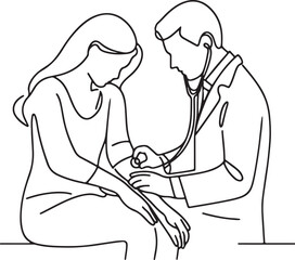 Minimalist Line Art of Doctor Using Stethoscope on Patient Woman - Vector
