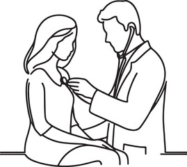 Minimalist Line Art of Doctor Using Stethoscope on Patient Woman - Vector