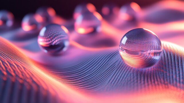 Glass spheres resting on a textured surface with vibrant lighting