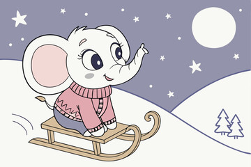  Cute cartoon baby elephant, big expressive eyes, pink knit sweater, sitting on wooden sled, snowy night scene, starry sky, moonlight, whimsical, adorable, 3D render, detailed textures, soft lightin