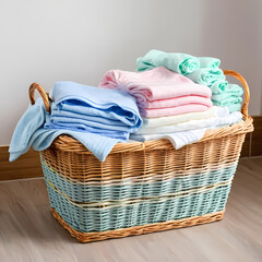 Stack of freshly folded laundry in a wicker basket with colorful clothes and diapers for household cleanliness and hygiene. 