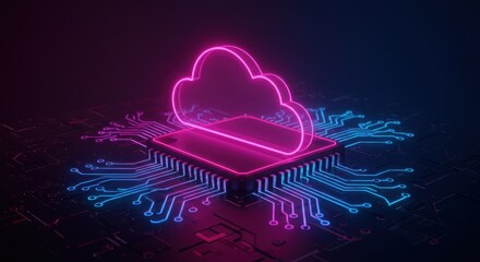 A glowing neon pink cloud icon hovering above a circuit board