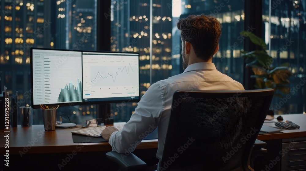 Leinwandbilder A man is sitting at a desk with two computer monitors in front of him