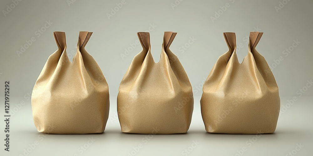 Poster brown paper bags neatly arranged in a row on a plain surface in a minimalist setting