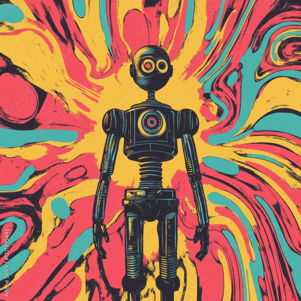 Aufkleber retro robot stands against psychedelic swirling multicolored background