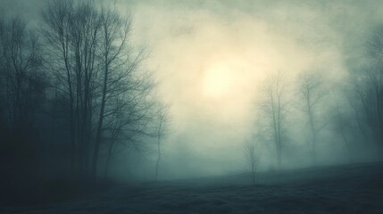 Fototapeta premium A landscape of bare trees emerges from thick morning fog