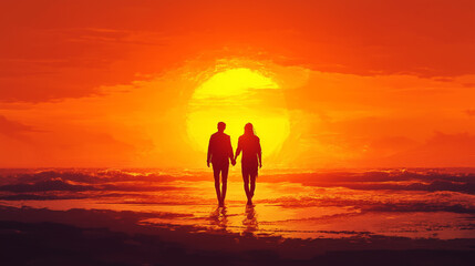 Hand in Hand Beach Sunset Love Illustration