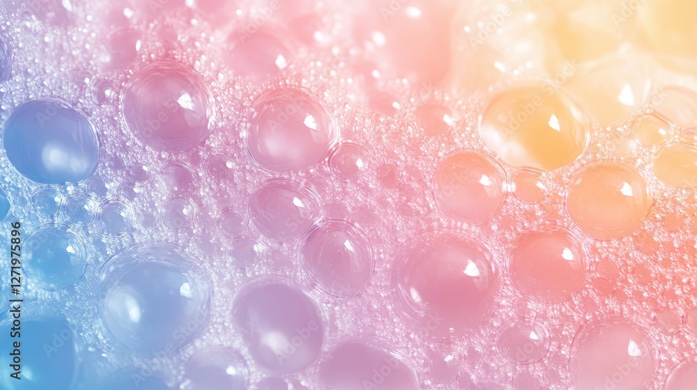 Poster iridescent soap bubbles floating on a gradient colored surface