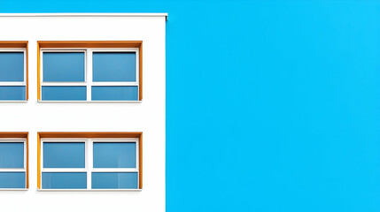 Obraz premium Modern white building, blue wall, sunny day, windows. Architecture design