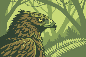  Majestic brown owl, piercing yellow eyes, ruffled feathers, lush green forest background, fern leaves, dramatic lighting, hyper-realistic, digital art, fantasy nature scene, detailed textures, vibr