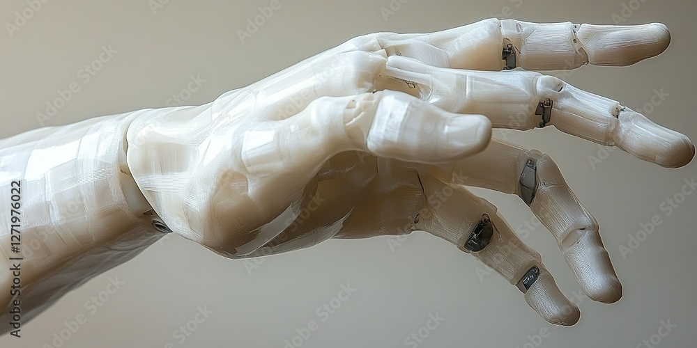 Poster robotic hand demonstrating advanced design and functionality with intricate details in a modern sett