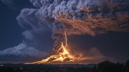 Fototapeta premium Volcanic eruption; fiery lava, ash cloud, lightning.