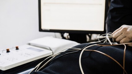 A closeup of biofeedback sensors adhered to a participants skin surrounded by wires and hightech gadgets while a researcher adjusts the settings on a nearby computer screen.