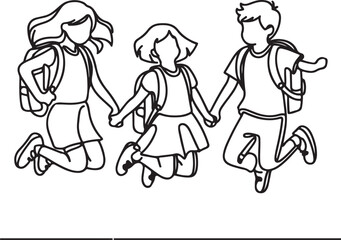 Line Art of Happy Boy and Girl Pupils Jumping with Backpacks