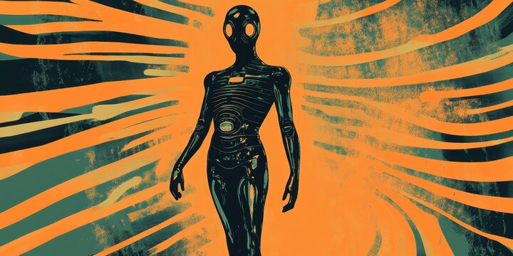 Android figure stands against a textured orange and teal background