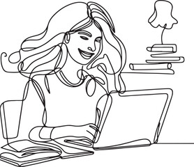 Minimalist Line Drawing of Girl Using Laptop for Online Learning