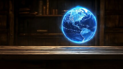 A futuristic holographic globe floating above a table, displaying real-time data with advanced digital projection.
