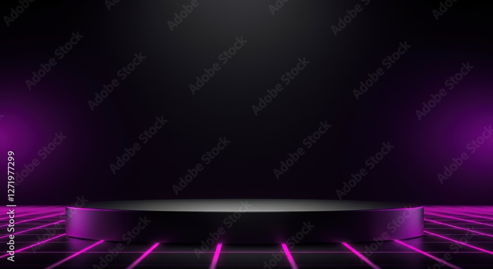 Aufkleber modern stage setup in a futuristic setting featuring neon lights and a circular platform